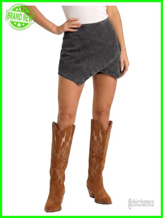 Pants - Denim Skort with Pockets - High Waisted Pull On Wrap Skort